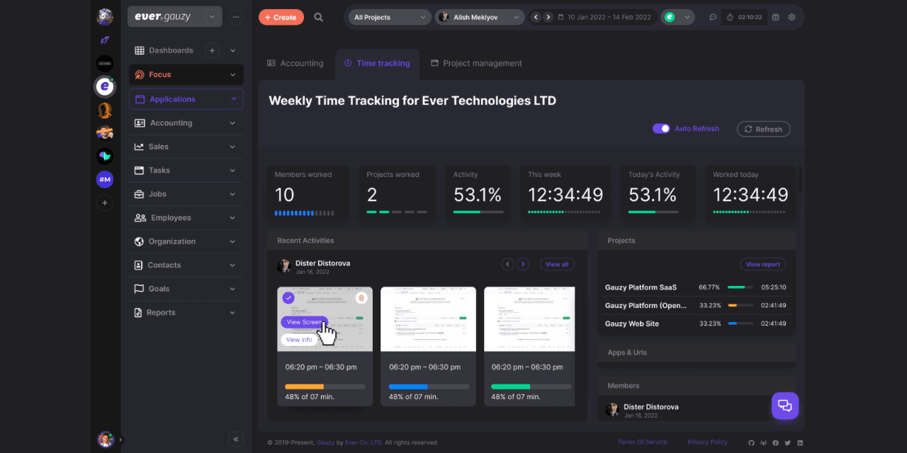 Ever Gauzy time tracking dashboard, the open-source platform I contribute to