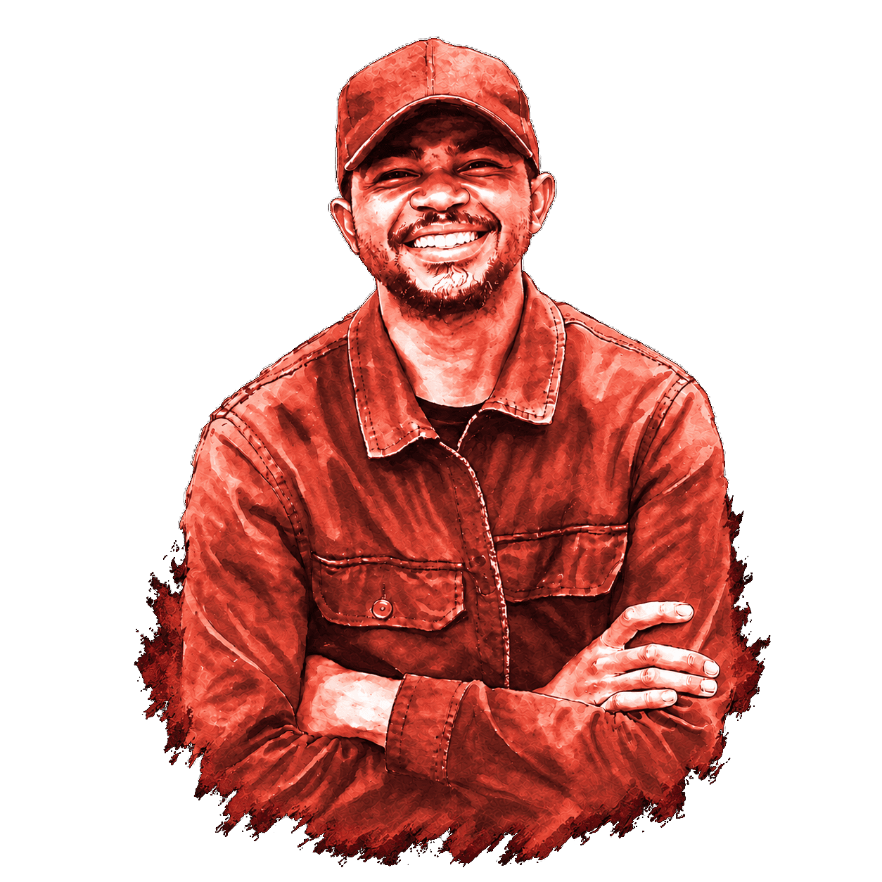 Watercolor portrait of Samuel Mbabhazi, smiling in his cap with his arms crossed