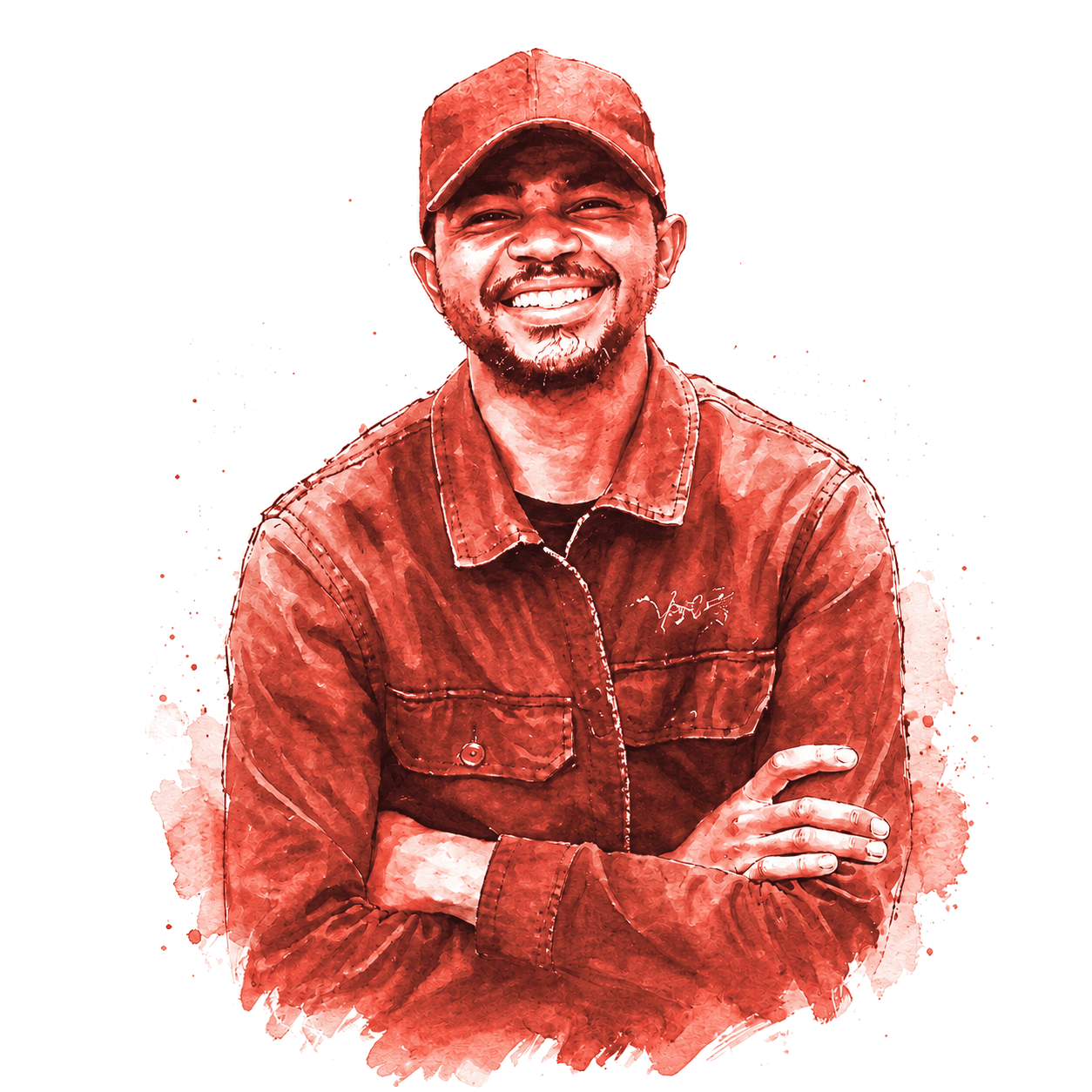 Watercolor portrait of Samuel Mbabhazi, smiling in his cap with his arms crossed